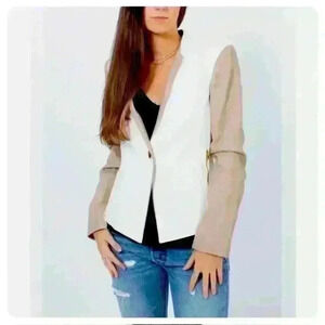 Calvin Klein Womens Linen Blend Khaki White Gold Zipper Pockets Blazer